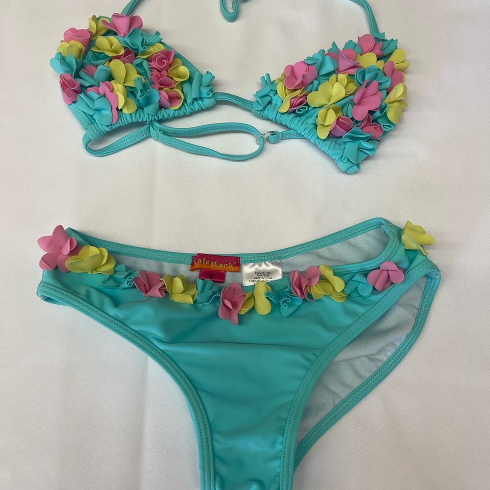 Kate Mack Aqua Swimsuit with Colorful Floral Trim